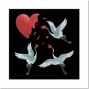 Crane birds with a broken heart best gift for a lonley and single valentine's day Posters and Art